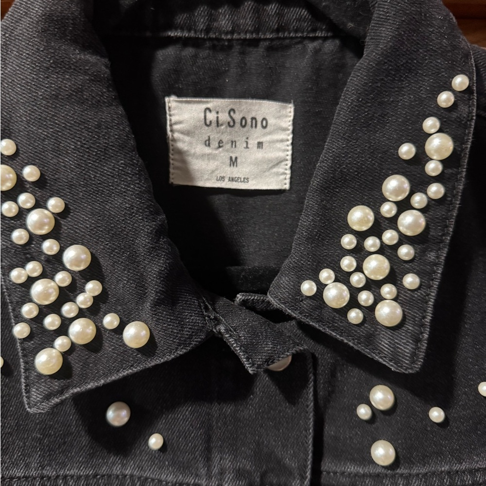 Ci Sono Black Pearl-Embellished Denim Vest - Picture 2 of 4